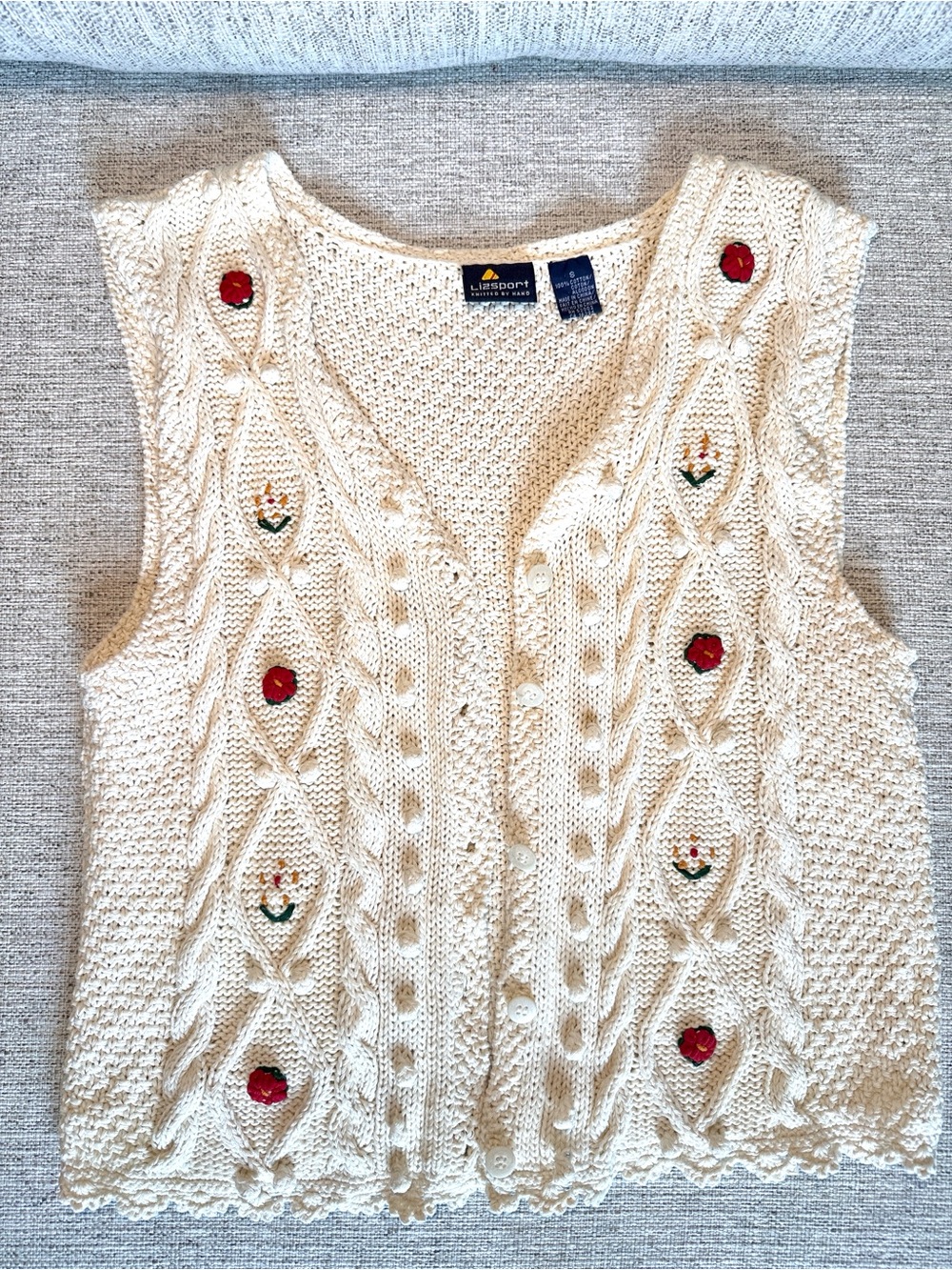 Vintage Lizsport Liz Claiborne •Hand Knit• 100% Cotton• Floral Sweater Vest